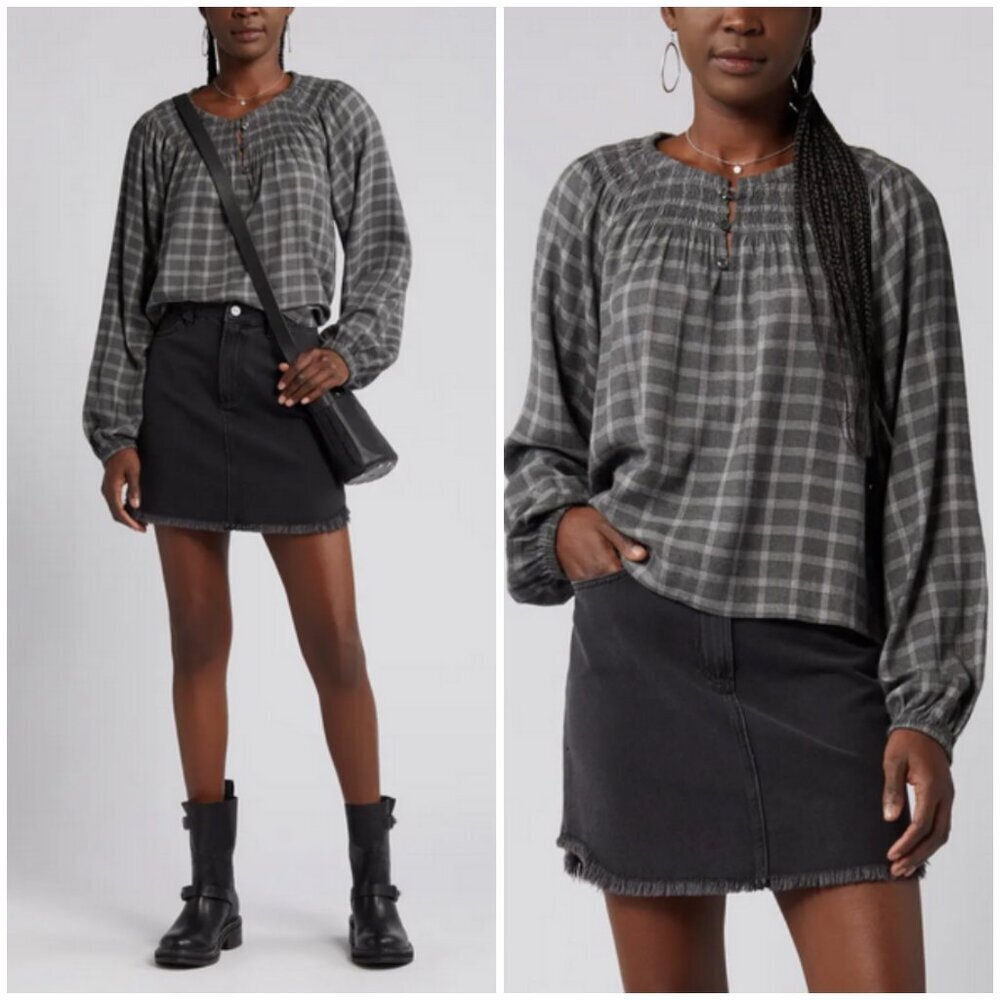 💕TREASURE & BOND💕 Windowpane Plaid Smocked Popover Top ~ Grey Pinstripe Plaid